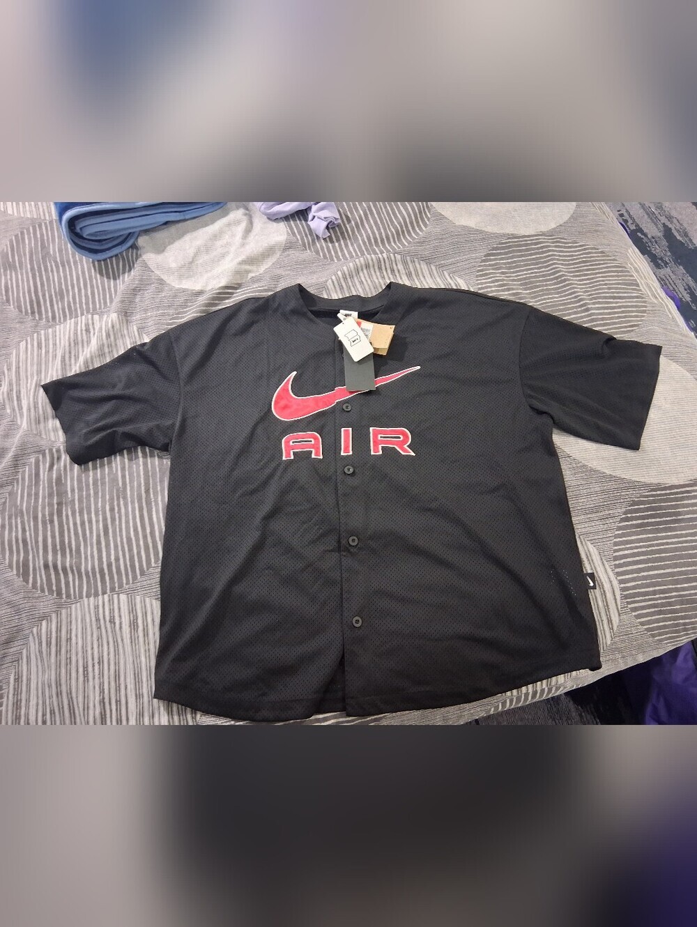 Nike Black Short-Sleeve Button-Up Baseball Jersey with Red Swoosh